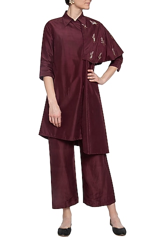 Maroon trench coat with pants by PRIYANKA SINGH