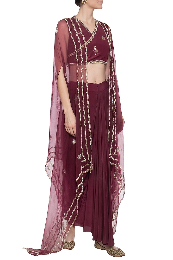 Maroon crop top with drape skirt and cape available only at Pernia's Pop Up Shop.