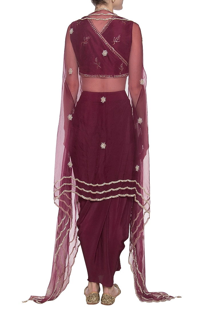 Maroon crop top with drape skirt and cape available only at Pernia's Pop Up Shop.