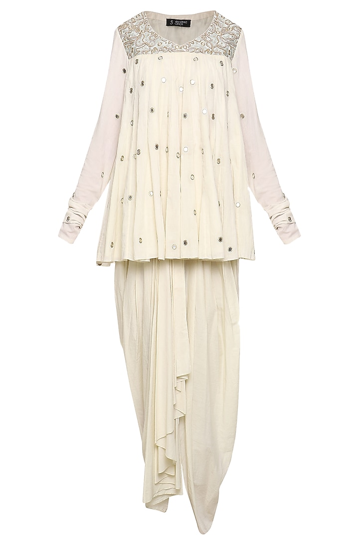 Off White Embroidered Tunic with Dhoti Pants and Dupatta by Priyanka Singh