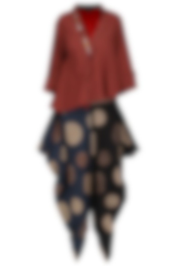 Maroon embellished short shirt with blue digital printed dhoti pants available only at Pernia's Pop Up Shop.