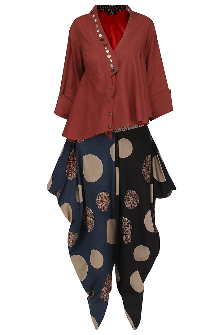 Maroon embellished short shirt with blue digital printed dhoti pants available only at Pernia's Pop Up Shop.