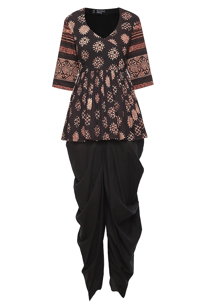 Black Floral Printed Short Tunic with Dhoti Pants by Priyanka Singh