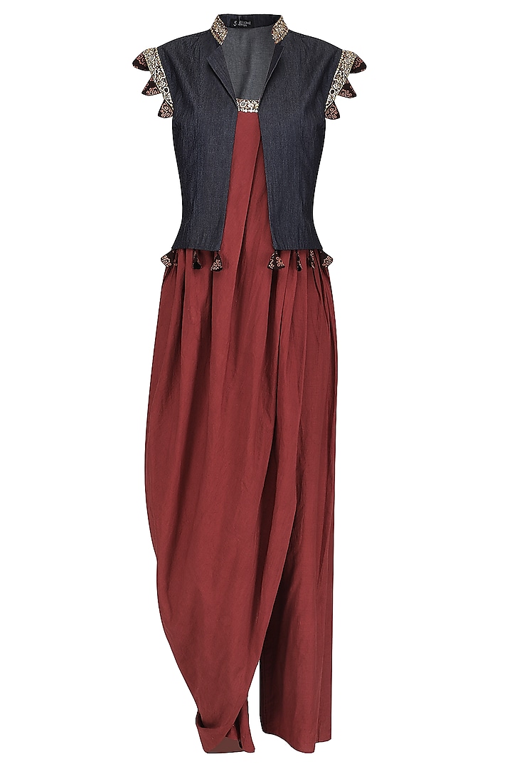 Red Embroidered Jumpsuit with Tassels Shrug by Priyanka Singh