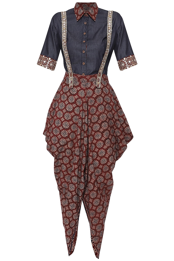 Blue and Maroon Embroidered Pinafore Jumpsuit by Priyanka Singh