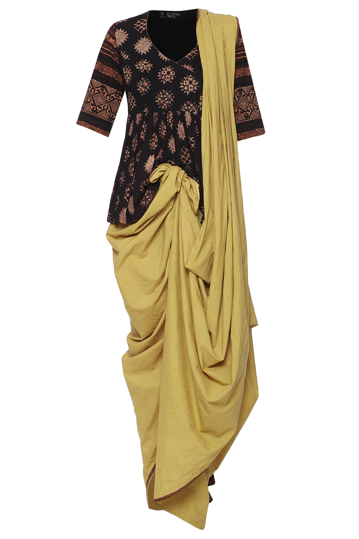 Beige Knot Digital Printed Saree Set by Priyanka Singh