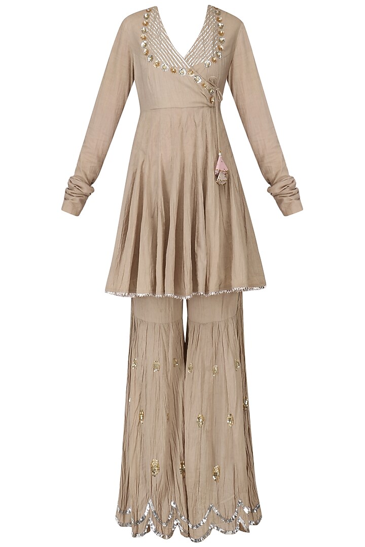 Beige angrakha anarkali and gharara pants set available only at Pernia's Pop Up Shop.