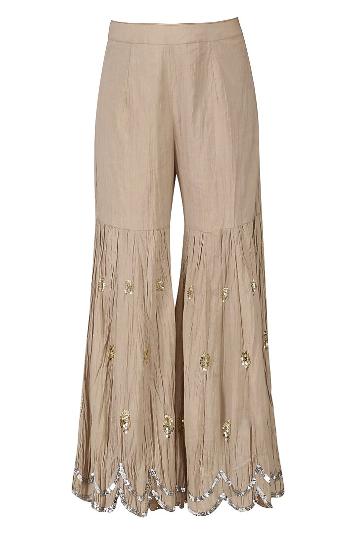 Beige angrakha anarkali and gharara pants set available only at Pernia's Pop Up Shop.