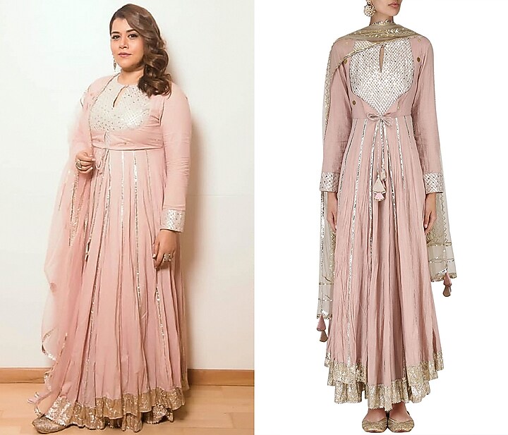Blush pink layered kalidaar kurta set available only at Pernia's Pop Up Shop.