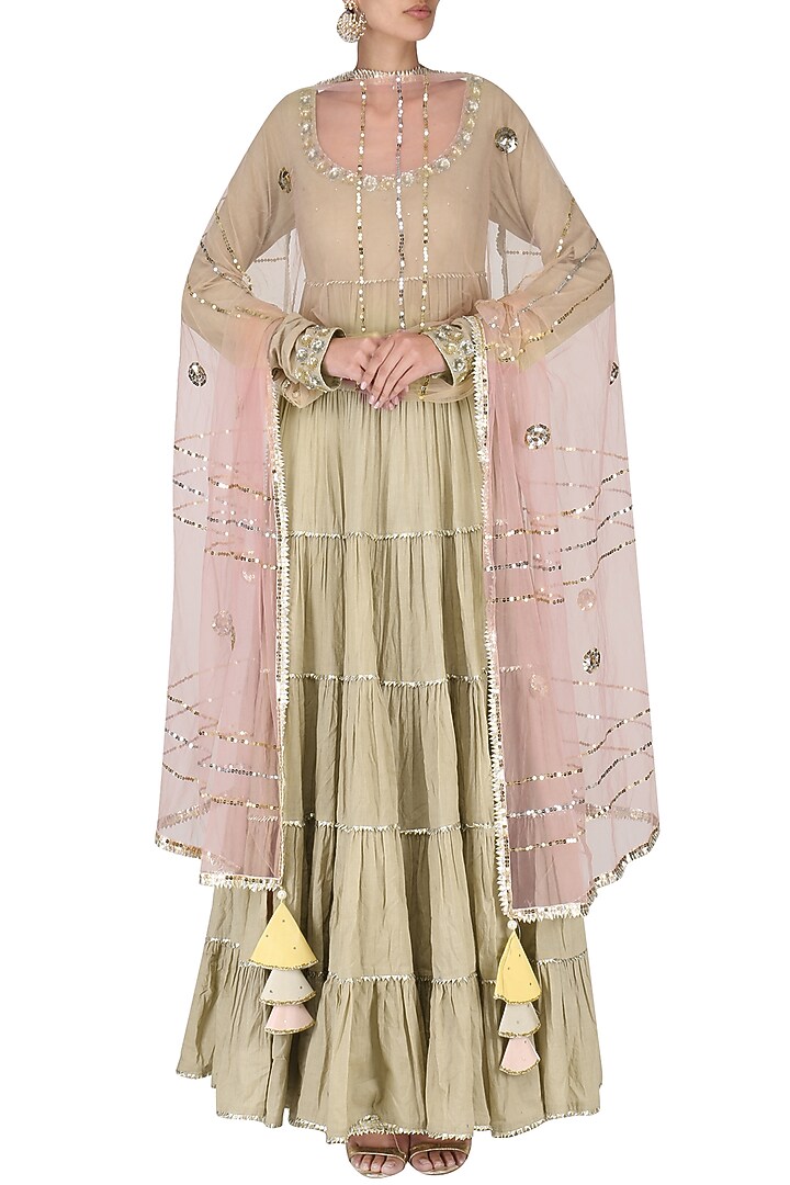 Beige layered embroidered anarkali set available only at Pernia's Pop Up Shop.