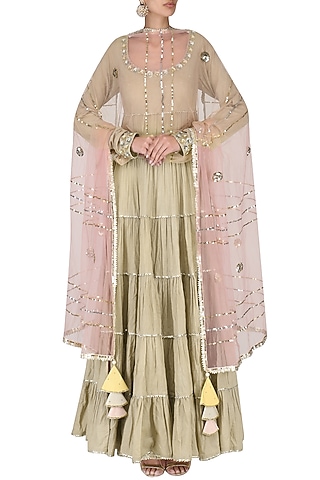 Beige Layered Embroidered Anarkali Set by Priyanka Singh