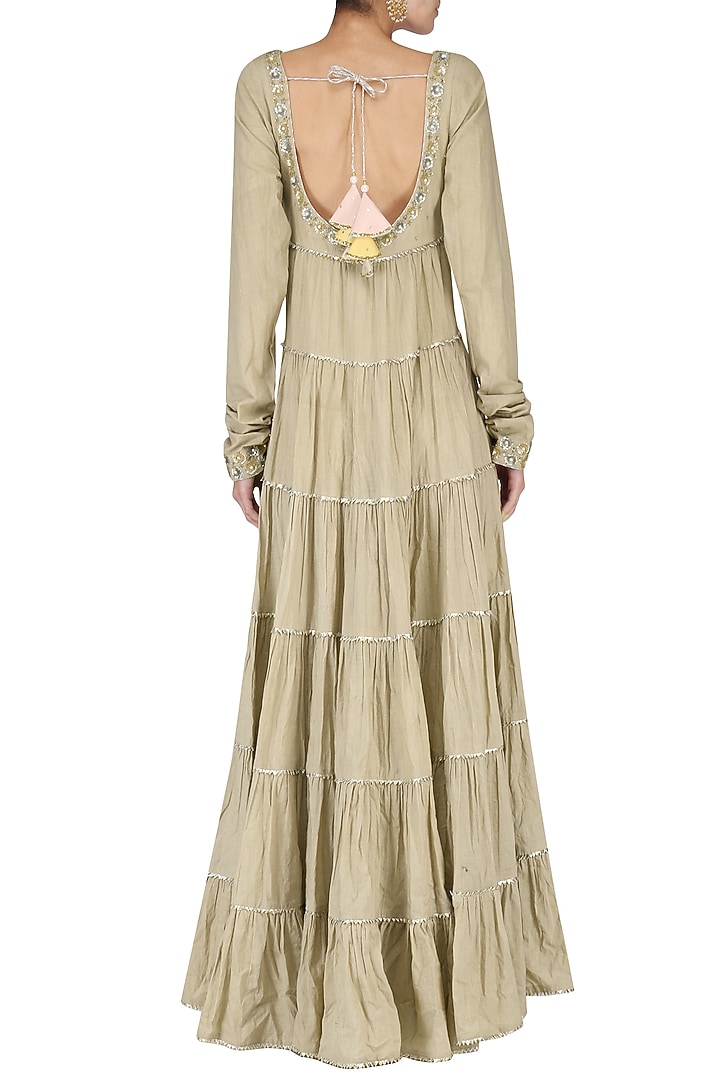 Beige layered embroidered anarkali set available only at Pernia's Pop Up Shop.