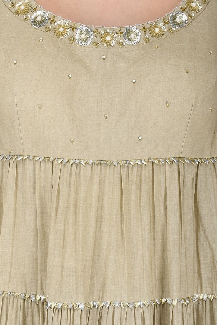 Beige layered embroidered anarkali set available only at Pernia's Pop Up Shop.