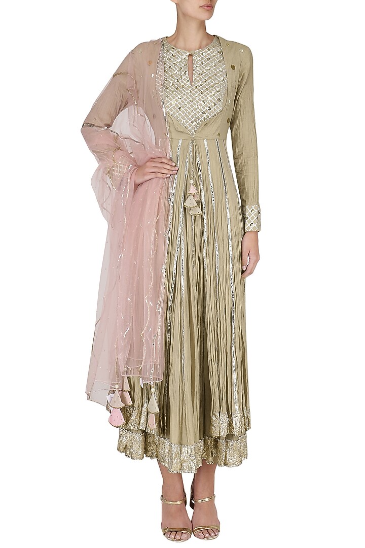 Beige layered embroidered kalidaar kurta set available only at Pernia's Pop Up Shop.