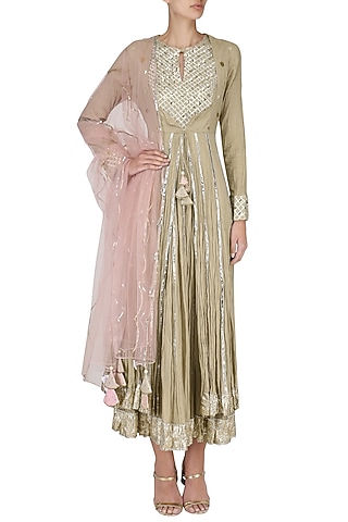 Beige Layered Embroidered Kalidaar Kurta Set by Priyanka Singh