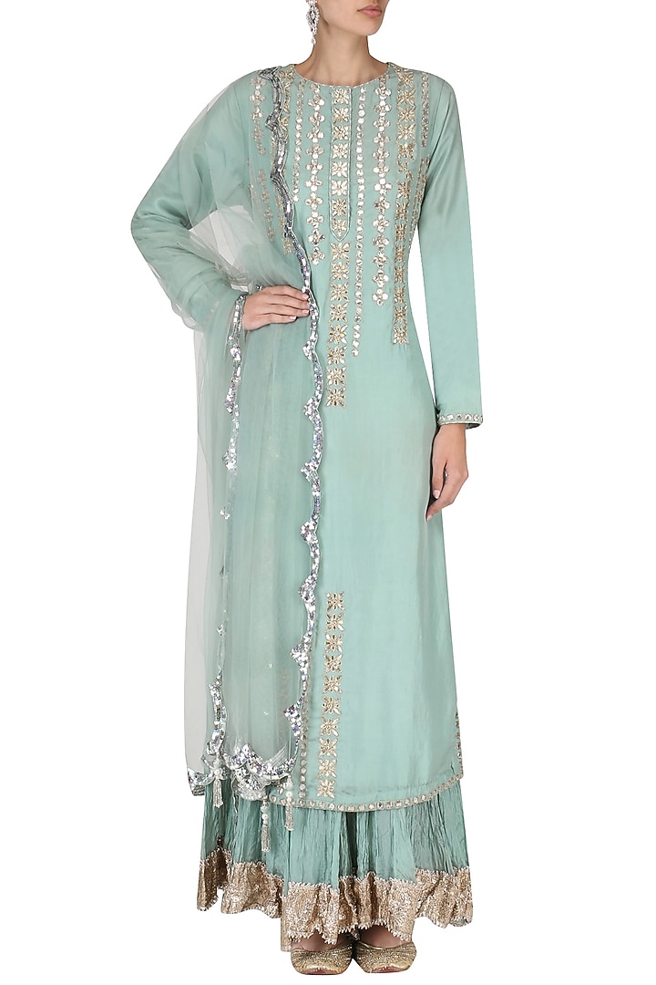 Blue embroidered kurta with crushed cotton sharara pants set available only at Pernia's Pop Up Shop.