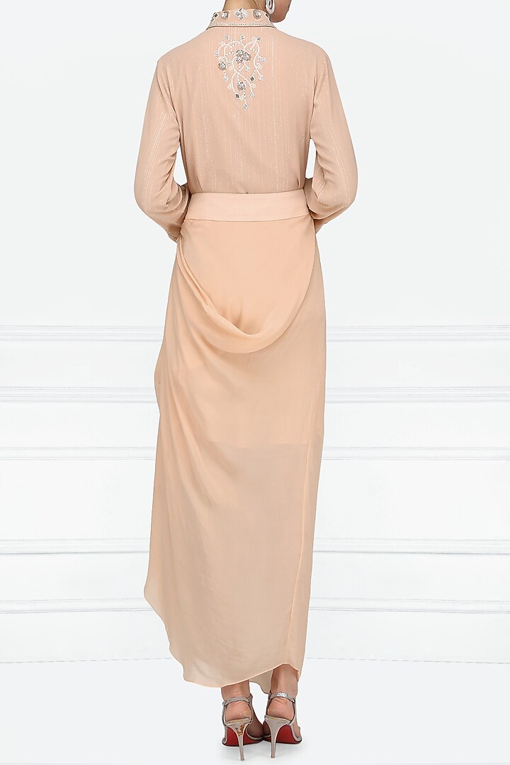 Peach embroidered shirt with drape skirt available only at Pernia's Pop Up Shop.
