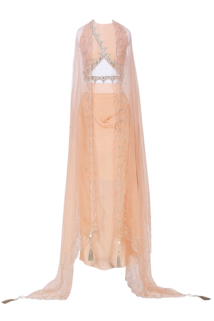 Peach Embroidered Crop Top and Cape with Drape Skirt by Priyanka Singh