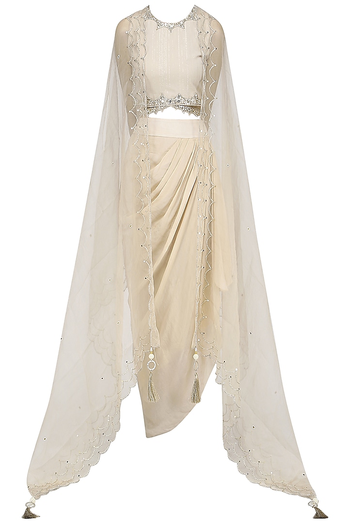 Beige Embroidered Crop Top and Cape with Drape Skirt by Priyanka Singh