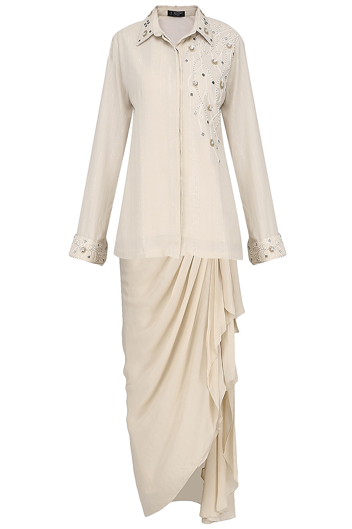 Beige Embroidered Shirt with Drape Skirt by Priyanka Singh