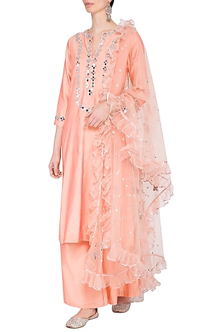 Peach Embroidered Kurta Set by Preeti S Kapoor