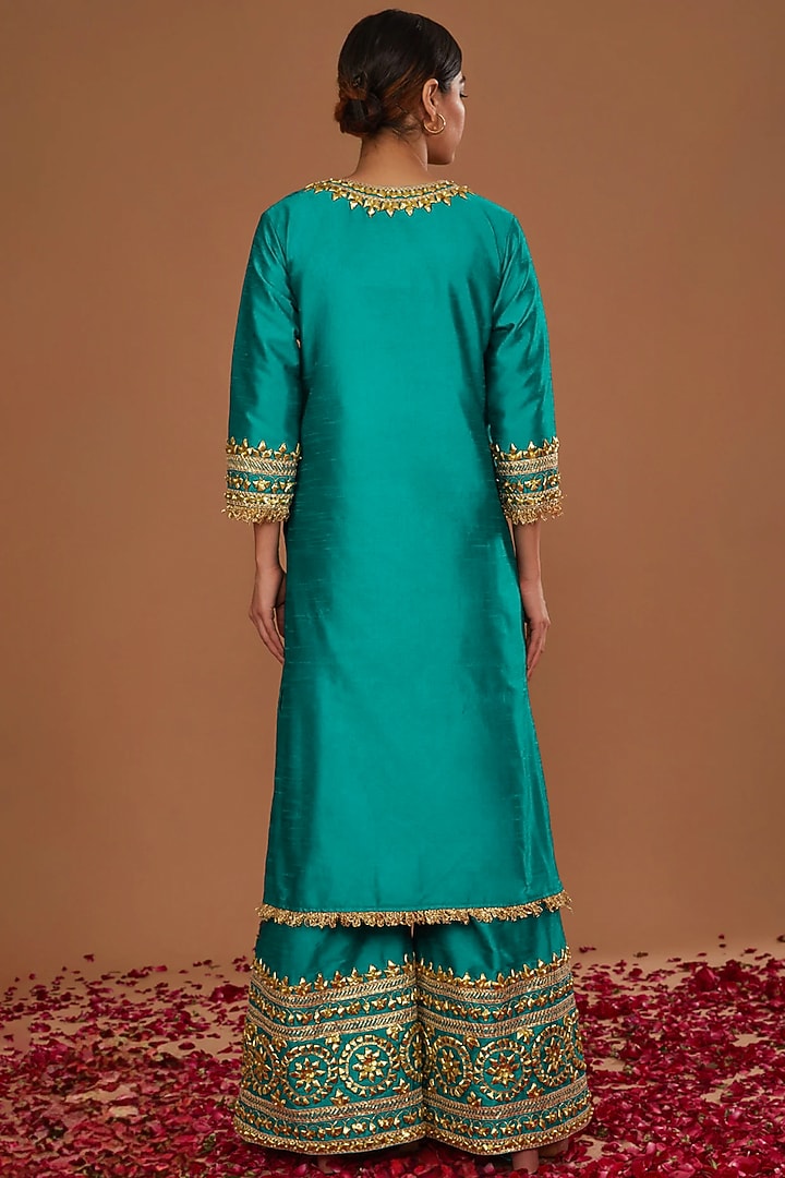 Turquoise Dupion Gota Work Kurta Set by Preeti S Kapoor at Pernia's Pop Up Shop