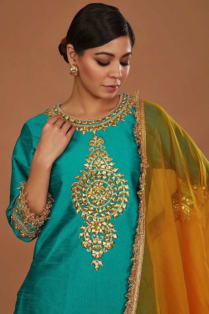 Turquoise Dupion Gota Work Kurta Set by Preeti S Kapoor at Pernia's Pop Up Shop