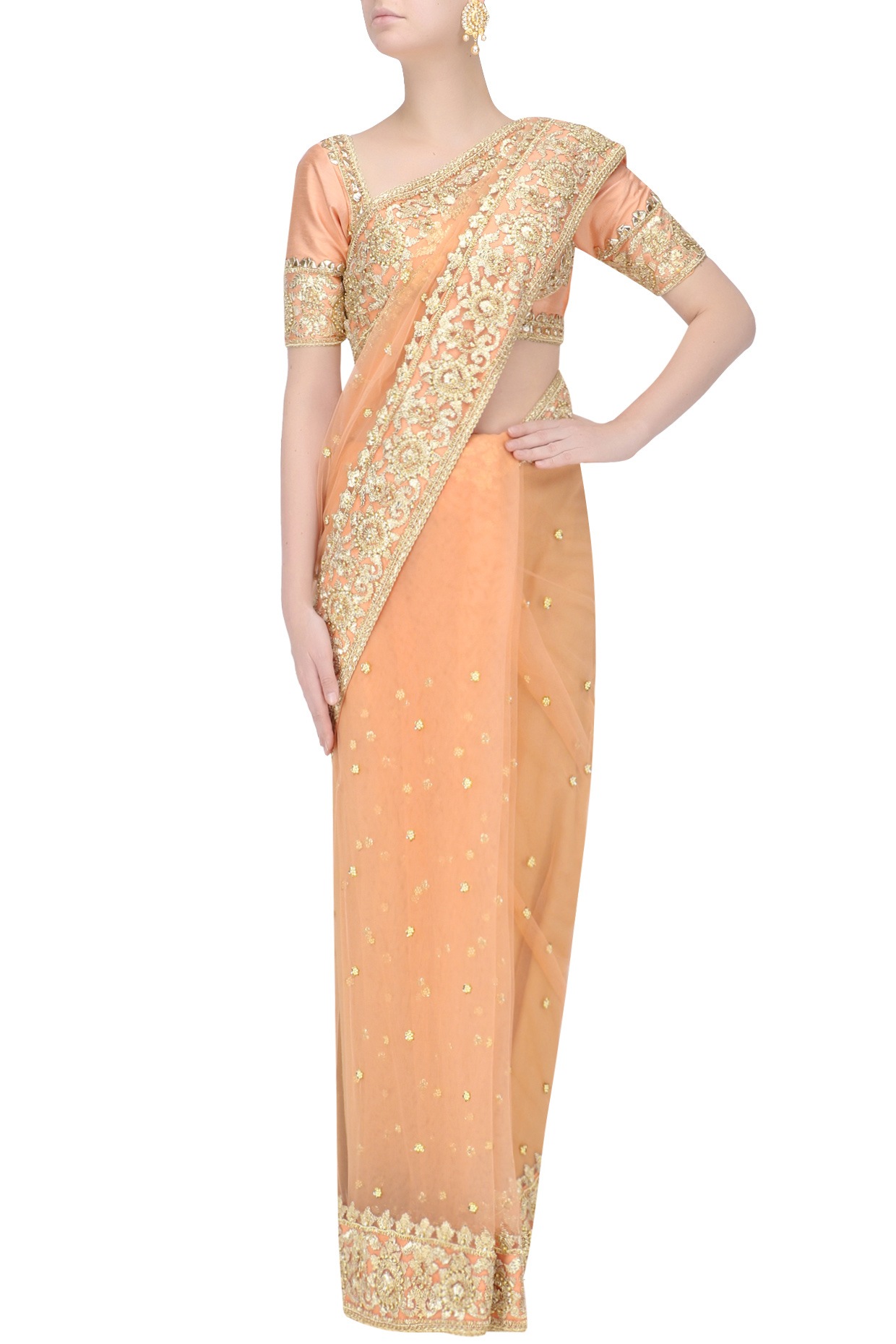 Buy Peach Georgette Partywear Saree with Gota Work Online - SREV2353 |  Appelle Fashion