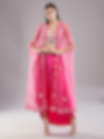 French Pink Satin & Net Draped Skirt Set With Cape by Preeti S Kapoor