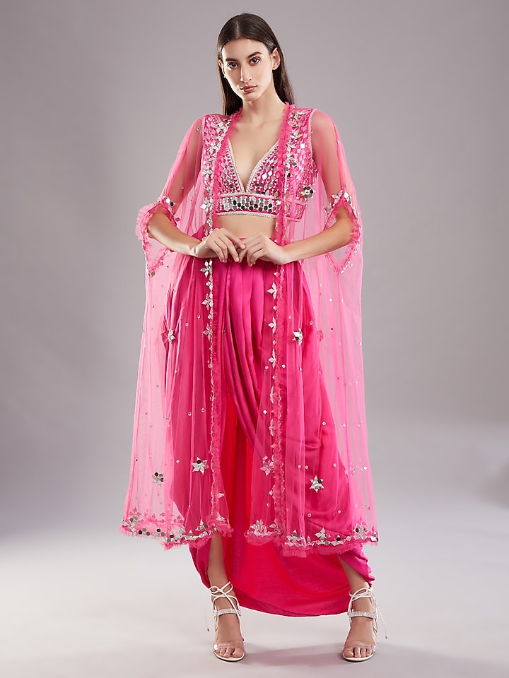 French Pink Satin & Net Draped Skirt Set With Cape by Preeti S Kapoor
