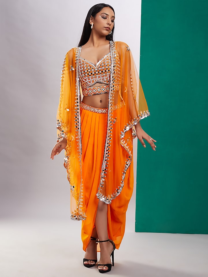 Orange Satin & Net Draped Skirt Set With Cape by Preeti S Kapoor