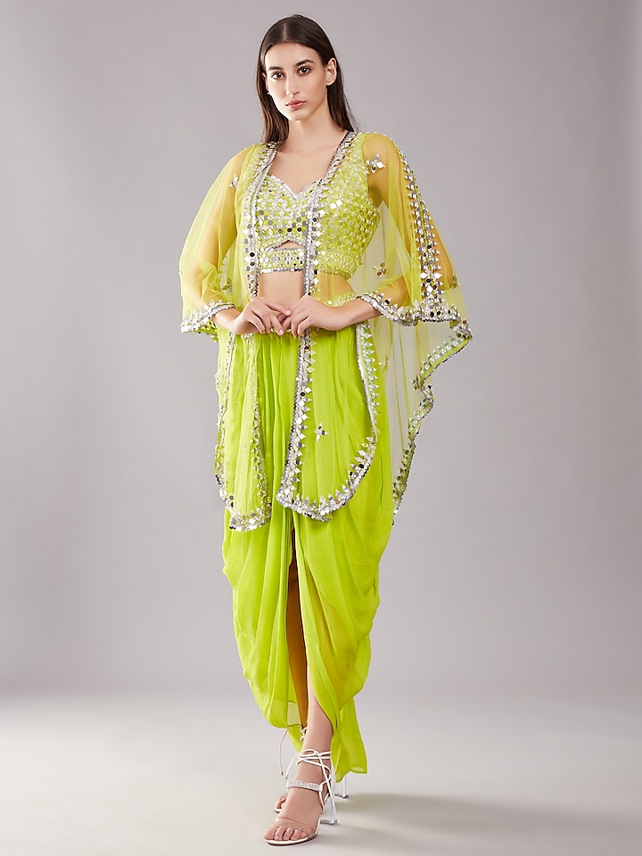 Lime Green Satin & Net Draped Skirt Set With Cape by Preeti S Kapoor