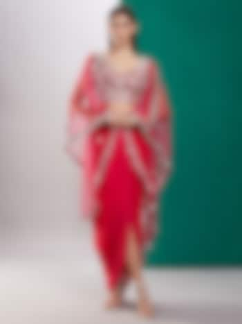 Candy Pink Satin & Net Draped Skirt Set With Cape by Preeti S Kapoor at Pernia's Pop Up Shop