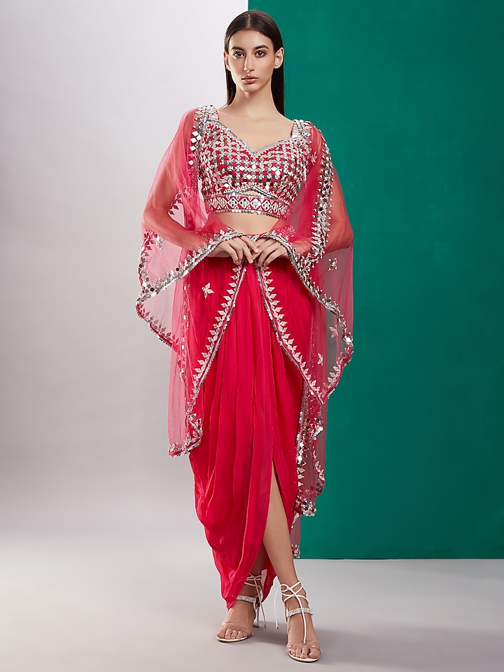 Candy Pink Satin & Net Draped Skirt Set With Cape by Preeti S Kapoor at Pernia's Pop Up Shop