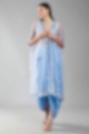 Periwinkle Blue Satin & Net Draped Skirt Set With Cape by Preeti S Kapoor at Pernia's Pop Up Shop