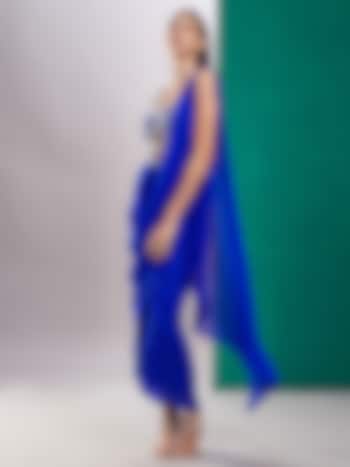 Cobalt Blue Dupion & Georgette Draped Saree Set by Preeti S Kapoor