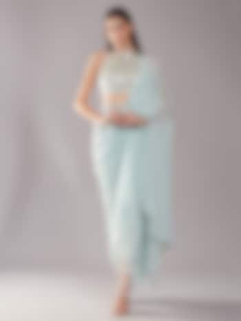 Mint Dupion & Georgette Draped Party Wear Saree Set by Preeti S Kapoor at Pernia's Pop Up Shop