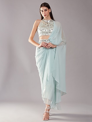 Peach And Sage Green Embroidered Drape Saree With Pants