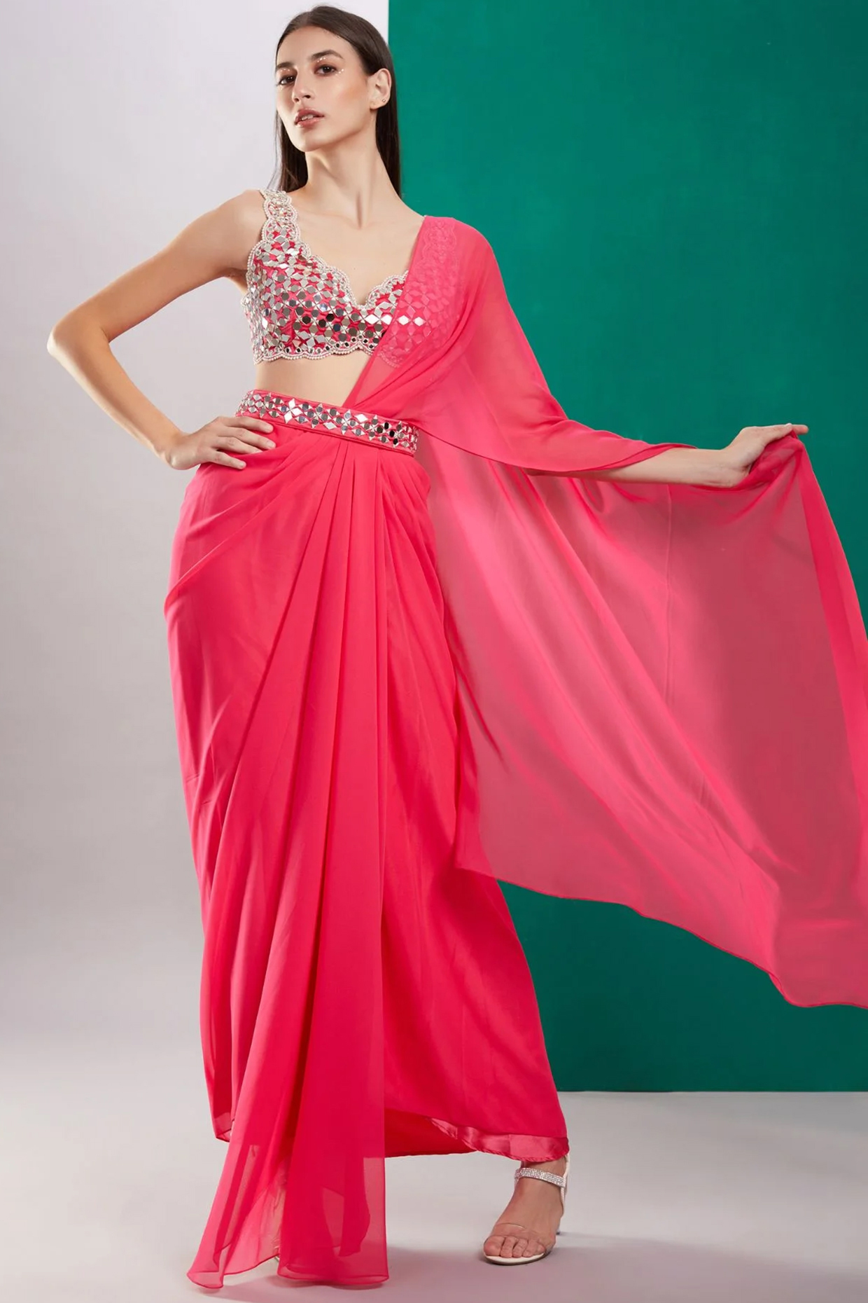 Candy Pink Dupion & Georgette Draped Jacket Party Wear Saree Set by Preeti S Kapoor at Pernia's Pop Up Shop