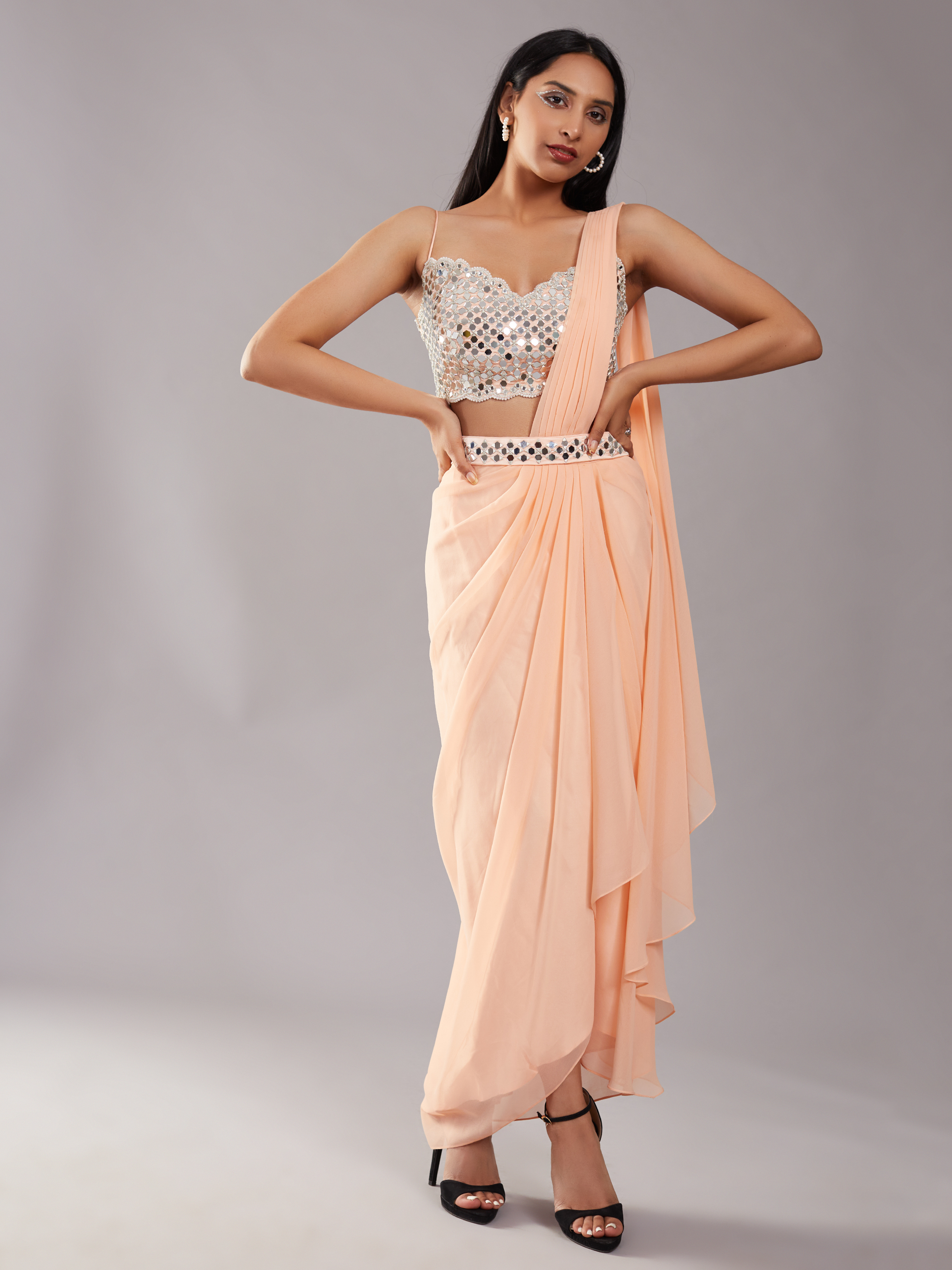 Peach Dupion & Georgette Draped Saree Set by Preeti S Kapoor at Pernia's Pop Up Shop