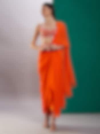 Orange Dupion & Georgette Draped Party Wear Saree Set by Preeti S Kapoor at Pernia's Pop Up Shop