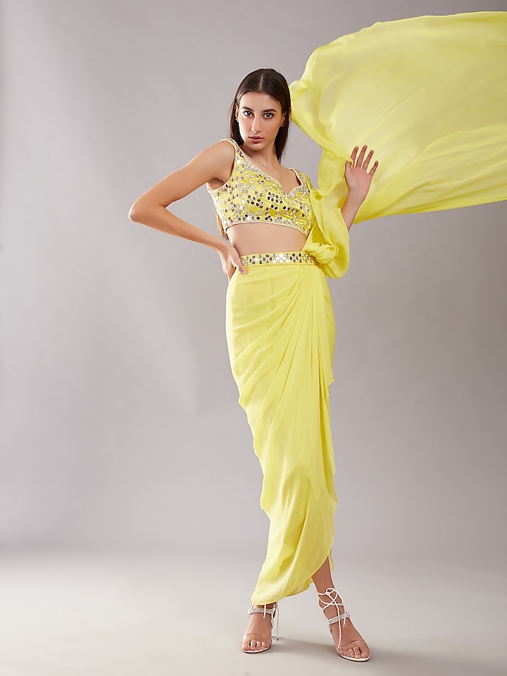 Lime Yellow Dupion & Georgette Draped Saree Set by Preeti S Kapoor