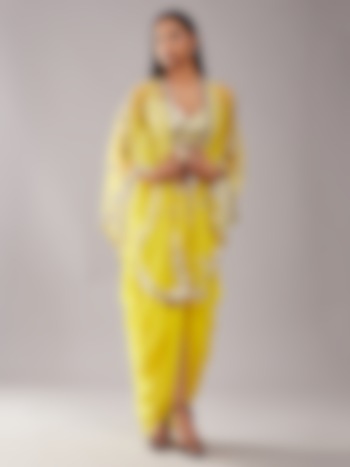 Cadmium Yellow Satin & Net Draped Skirt Set With Cape by Preeti S Kapoor