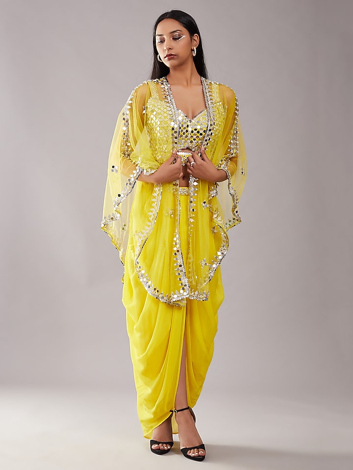 Cadmium Yellow Satin & Net Draped Skirt Set With Cape by Preeti S Kapoor