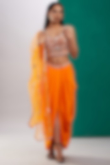 Orange Net & Satin Draped Skirt Set by Preeti S Kapoor