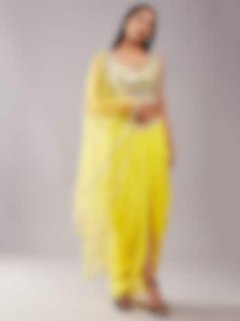 Bright Yellow Satin & Net Draped Skirt Set by Preeti S Kapoor