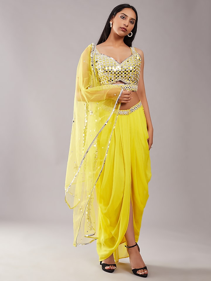 Bright Yellow Satin & Net Draped Skirt Set by Preeti S Kapoor