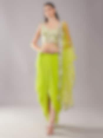 Lime Green Satin & Net Draped Skirt Set by Preeti S Kapoor