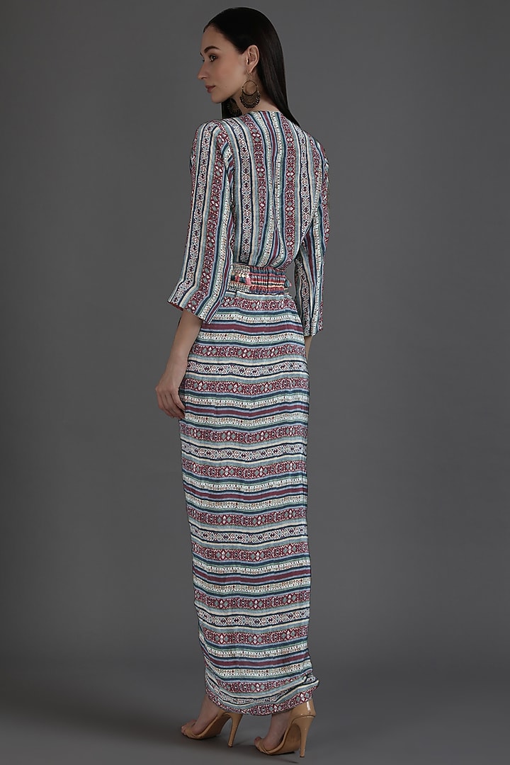 Multi-Colored Crepe Printed & Embroidered Draped Dhoti Vacation Dress With Belt by Preeti S Kapoor at Pernia's Pop Up Shop