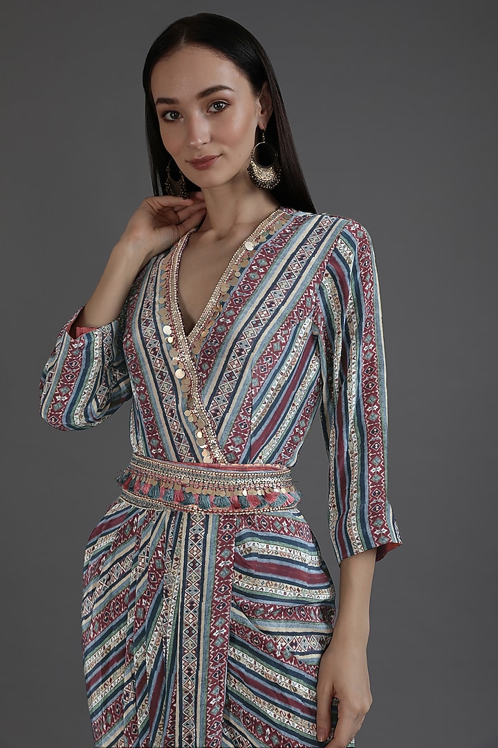 Multi-Colored Crepe Printed & Embroidered Draped Dhoti Vacation Dress With Belt by Preeti S Kapoor at Pernia's Pop Up Shop